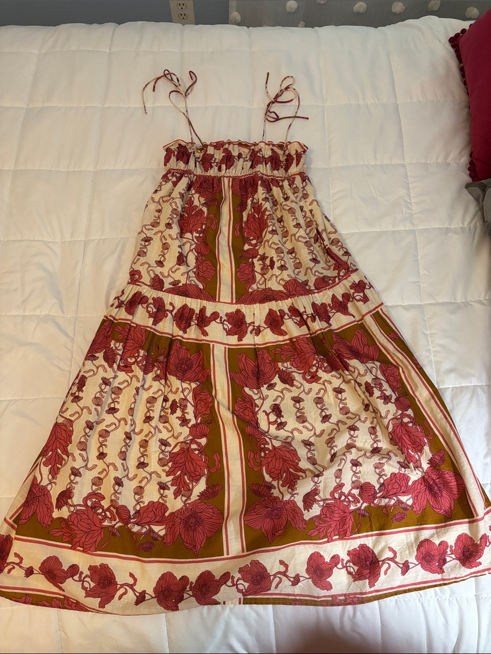 Greylin Cream Midi Dress with Rose Pink Floral and tobacco brown panels